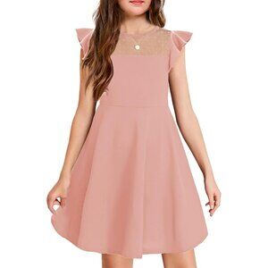 Girls Pink Polyester Blend Summer Ruffle Sleeve Mesh A Line Casual Party Dress
